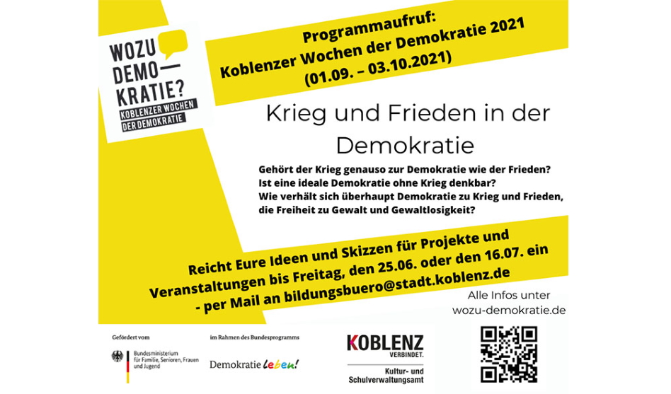 Programmaufruf: Koblenzer Wochen der Demokratie widmen sich vom 01.09. – 03.10.2021 dem Schwerpunkt „Krieg und Frieden in der Demokratie“